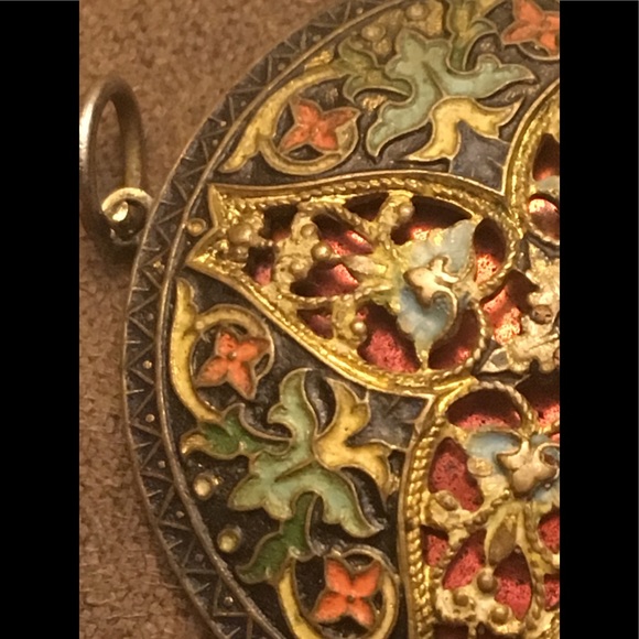Antique Enameled BUTTON French Champleve Pierced Lacy Openwork made into PENDANT - Picture 10 of 15